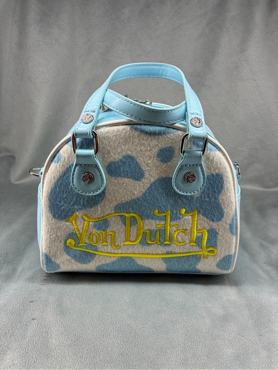 Von Dutch Handbags - Von Dutch Light Blue & White Cowprint Mini Satchel with Yellow Logo